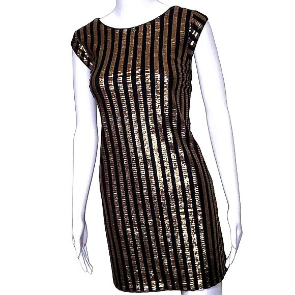 ALI & Jay black gold copper sequins stripes deep V back mini dress size medium - Picture 5 of 11